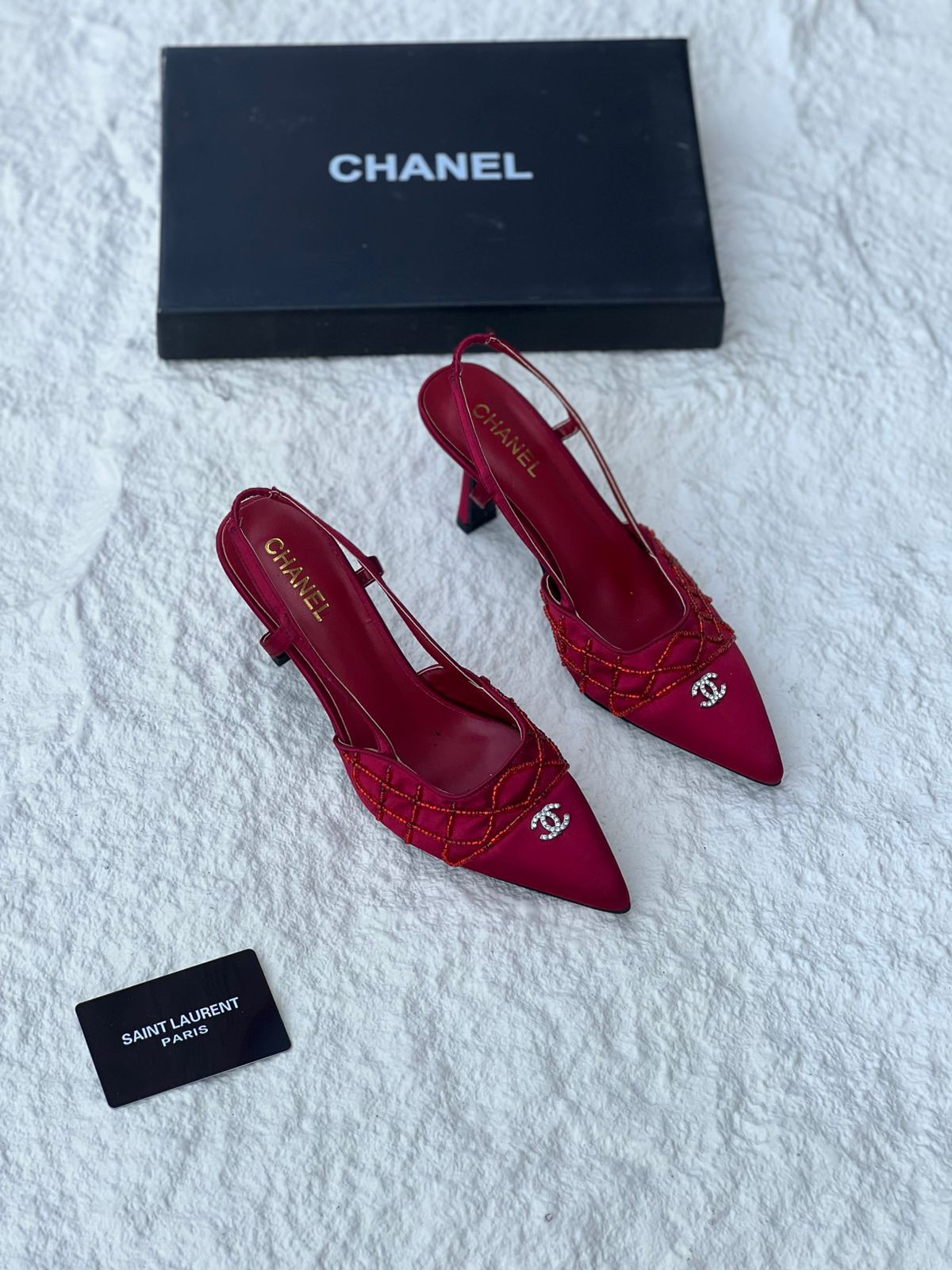 Chanel satin quilted slingback heels "Red"