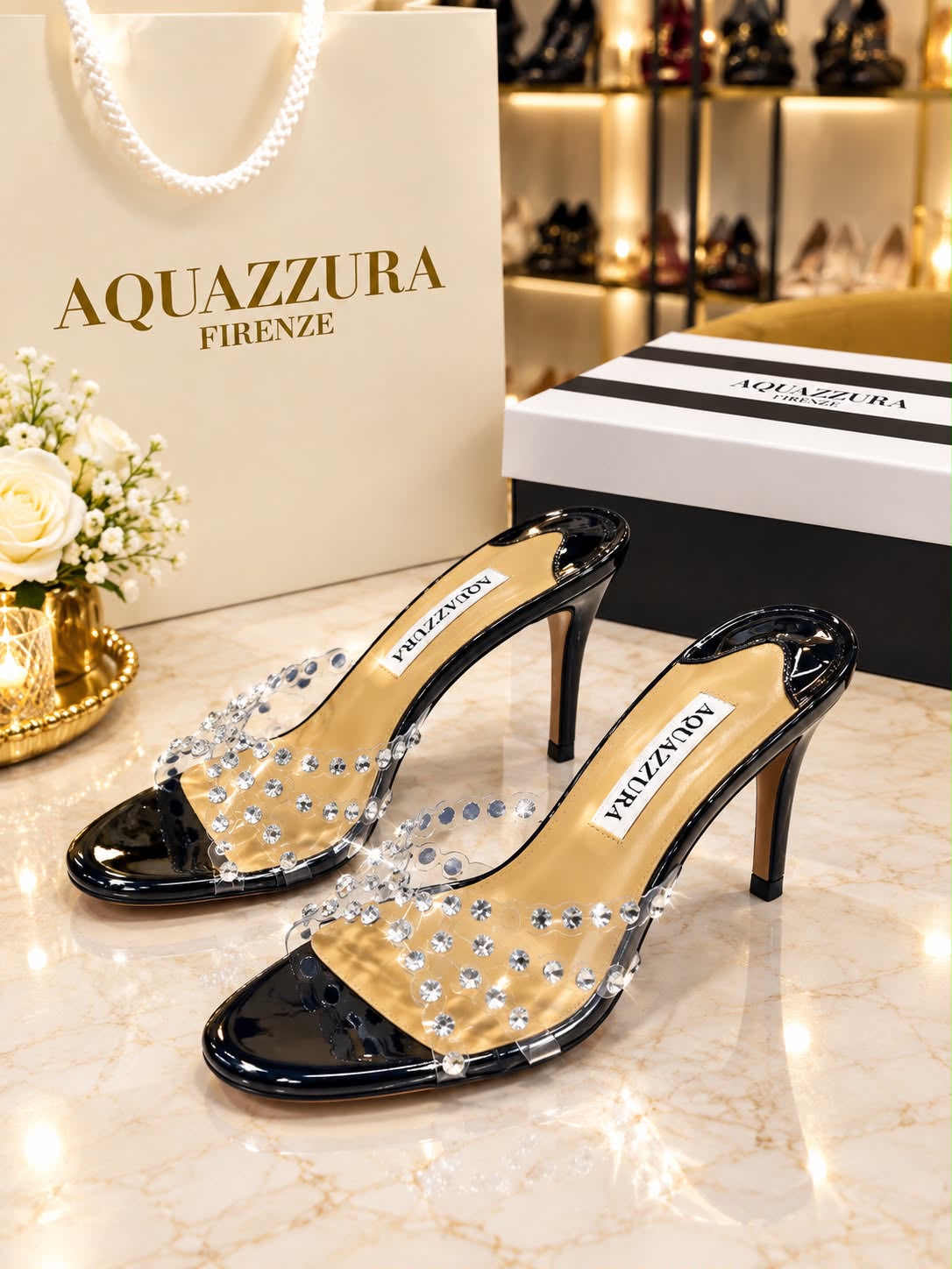 AQUAZZURA Crystal-Embellished Stiletto Mules "Black"