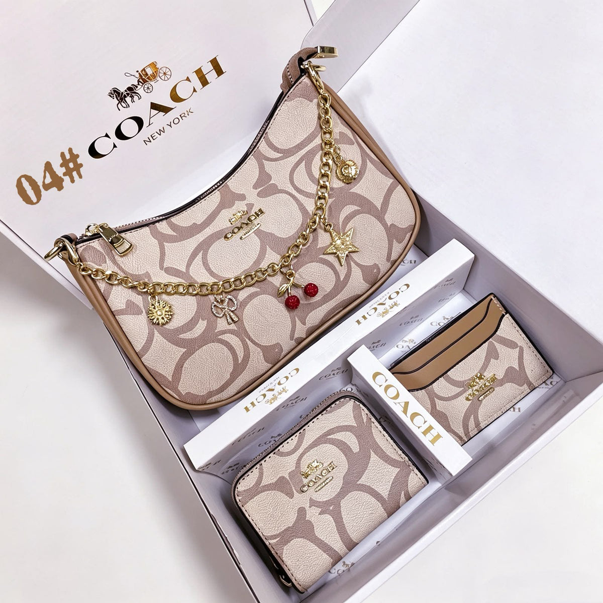 Coach Signature Charm Shoulder Bag Gift Set "Beige"