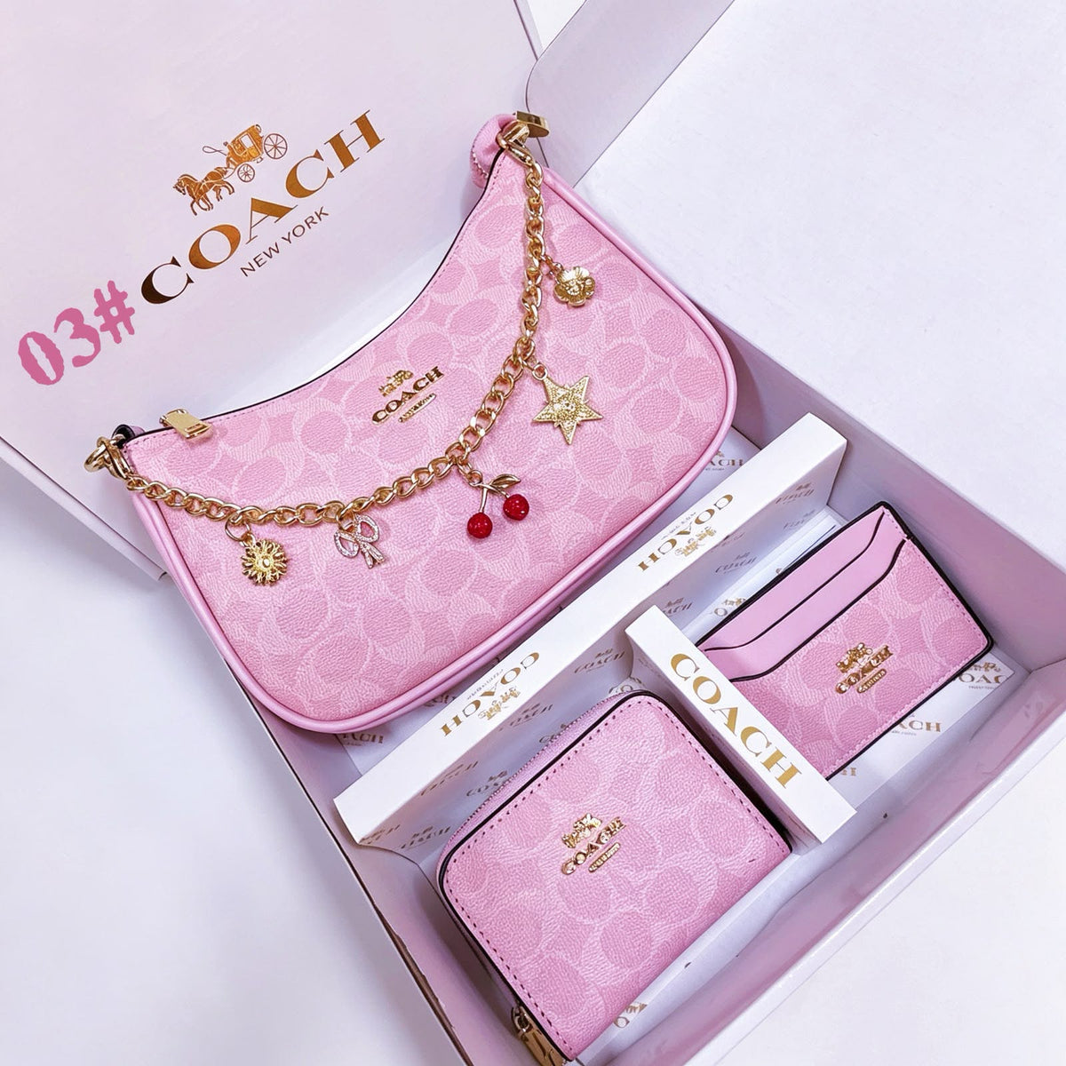 Coach Signature Charm Shoulder Bag Gift Set "Light Pink"