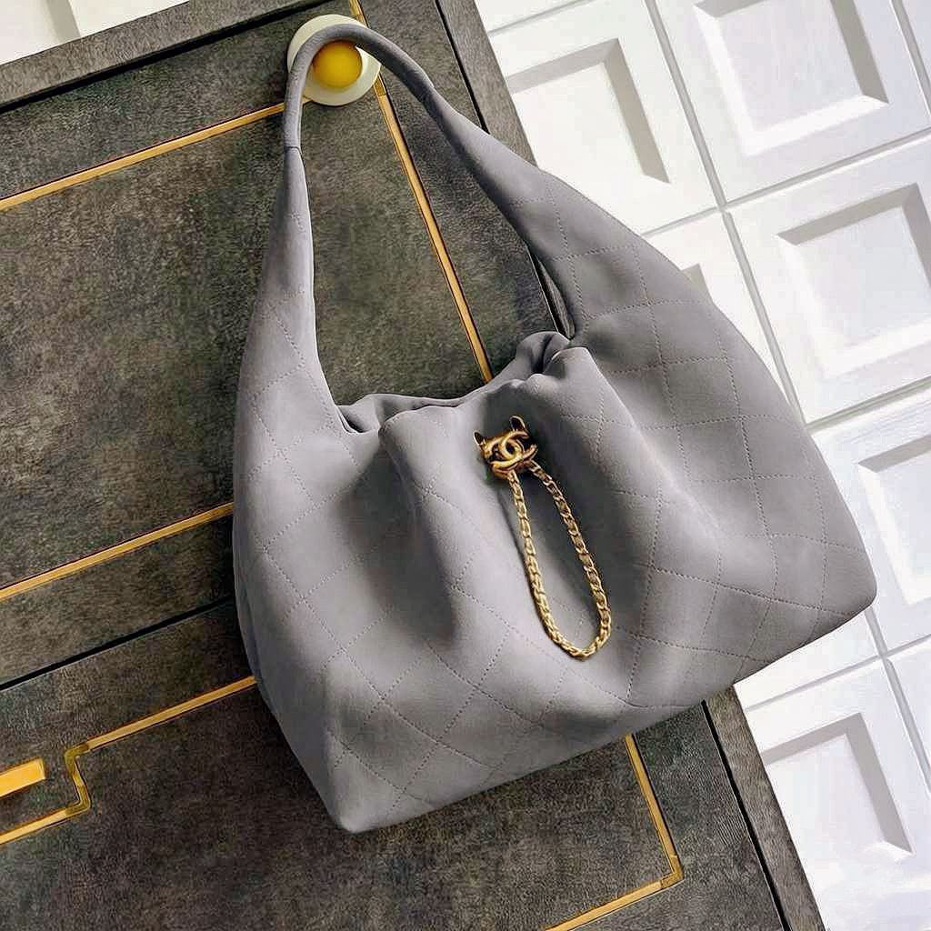 Channel Grey Quilted Suede Hobo Bag with Chain Detail