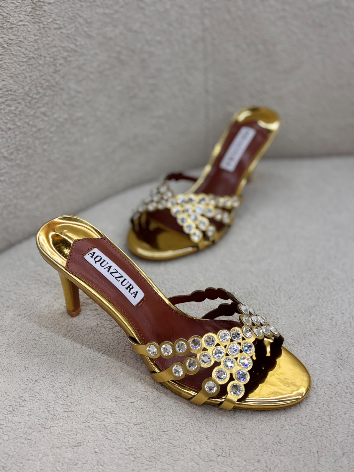 Gold Crystal-Embellished Aquazzura-Heeled Sandals