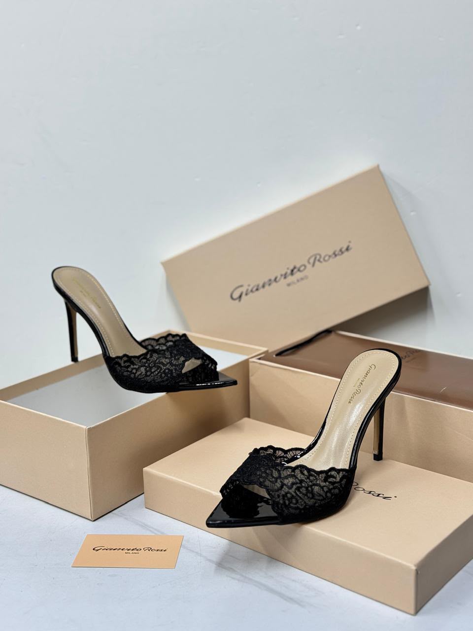 Gianvito Rossi Intricate Lace Stiletto Mules in Classic Black