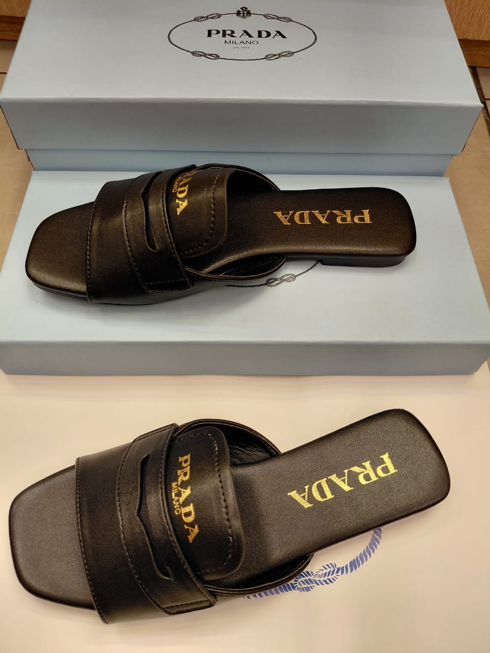 Prada Black Leather Penny Loafer Flat Slide Sandals