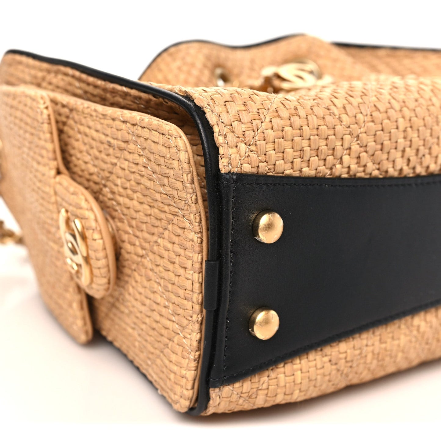 Channel Tan Woven Quilted Bucket Bag.