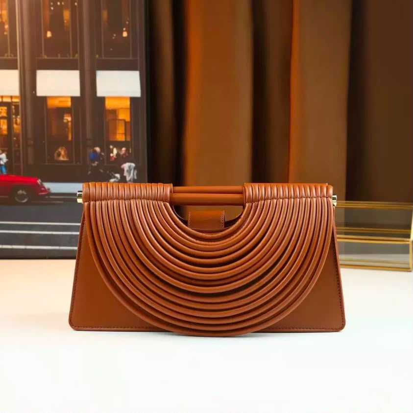 Bottega-Cognac Brown Ribbed Arch Handle Clutch Bag