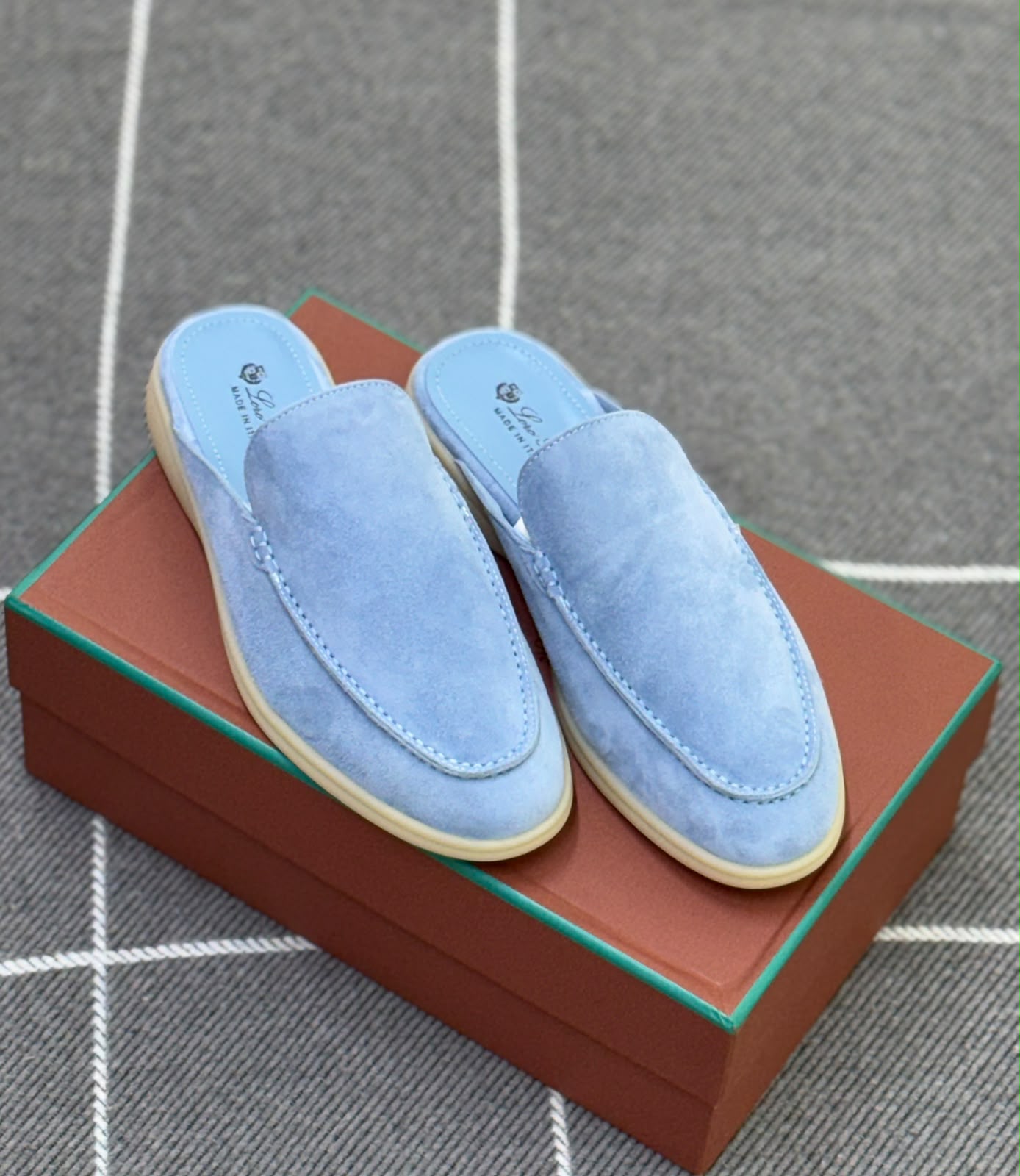Sky Blue Suede Loro Piana-Inspired Backless Loafer Mules