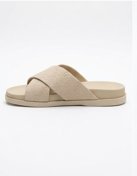 Men's Beige Cross Strap Slides | Premium Comfort Flat Slippers | Casual Slip-On Sandals
