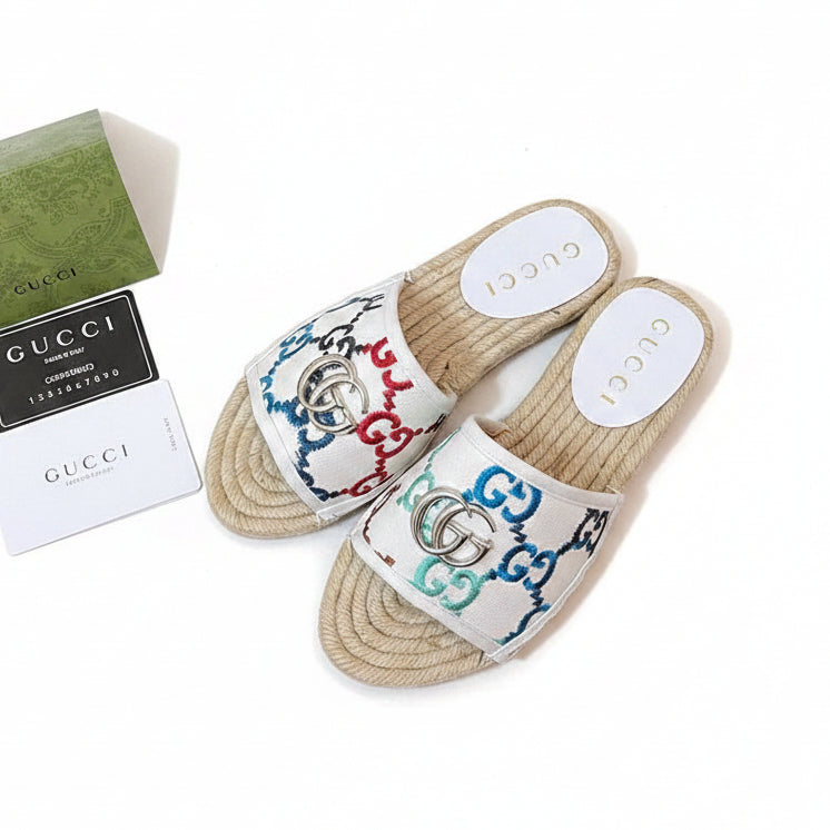 Gucci GG Multicolor Canvas Espadrille Slide Sandals – White