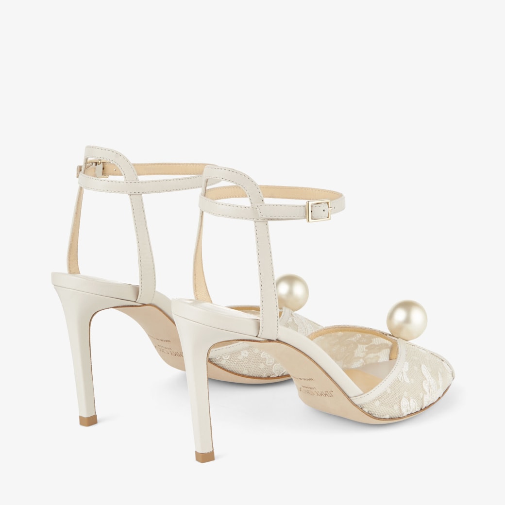 Jimmy Choo White Mesh Lace Pearl Strap Heeled Sandals