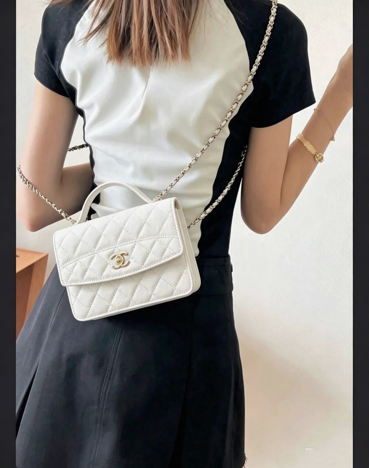 Channel White Quilted Top Handle Bag with Chain Strap