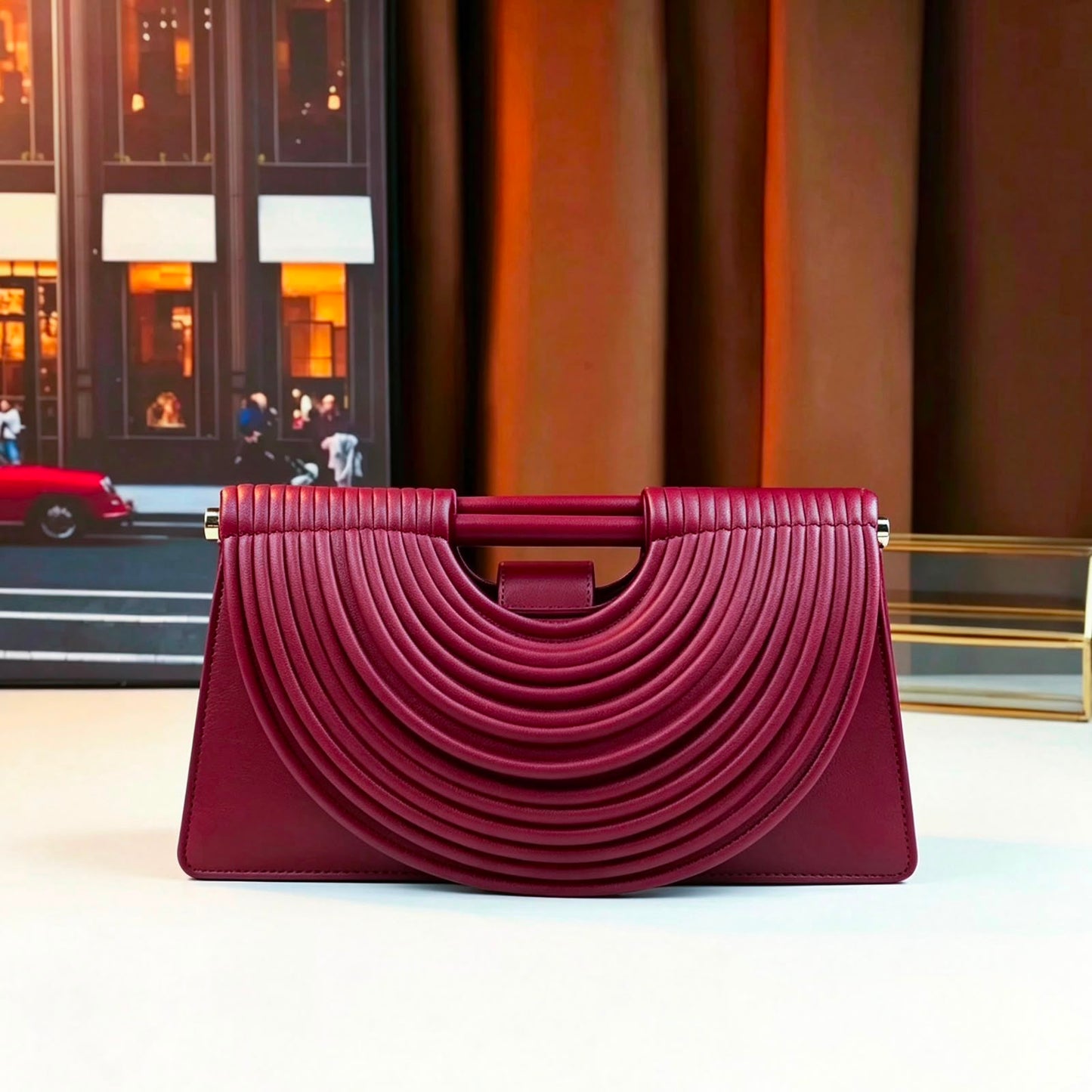Bottega-Burgundy Ribbed Arch Handle Clutch Bag for womens