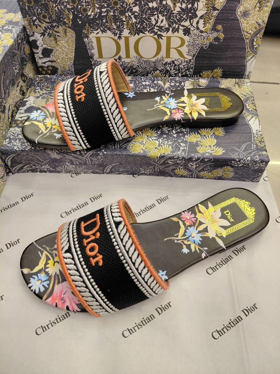 Dior Black Woven Slide Sandals – Floral Embroidered