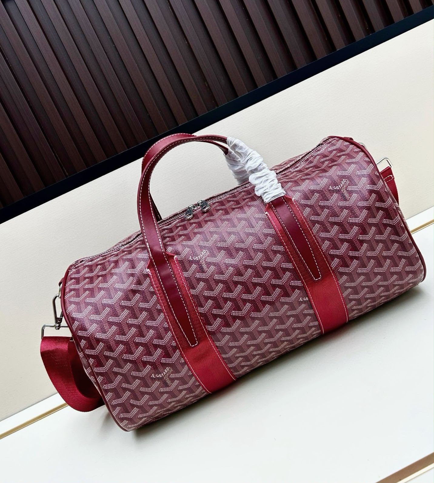 Burgundy Chevron Print Travel Duffle Bag