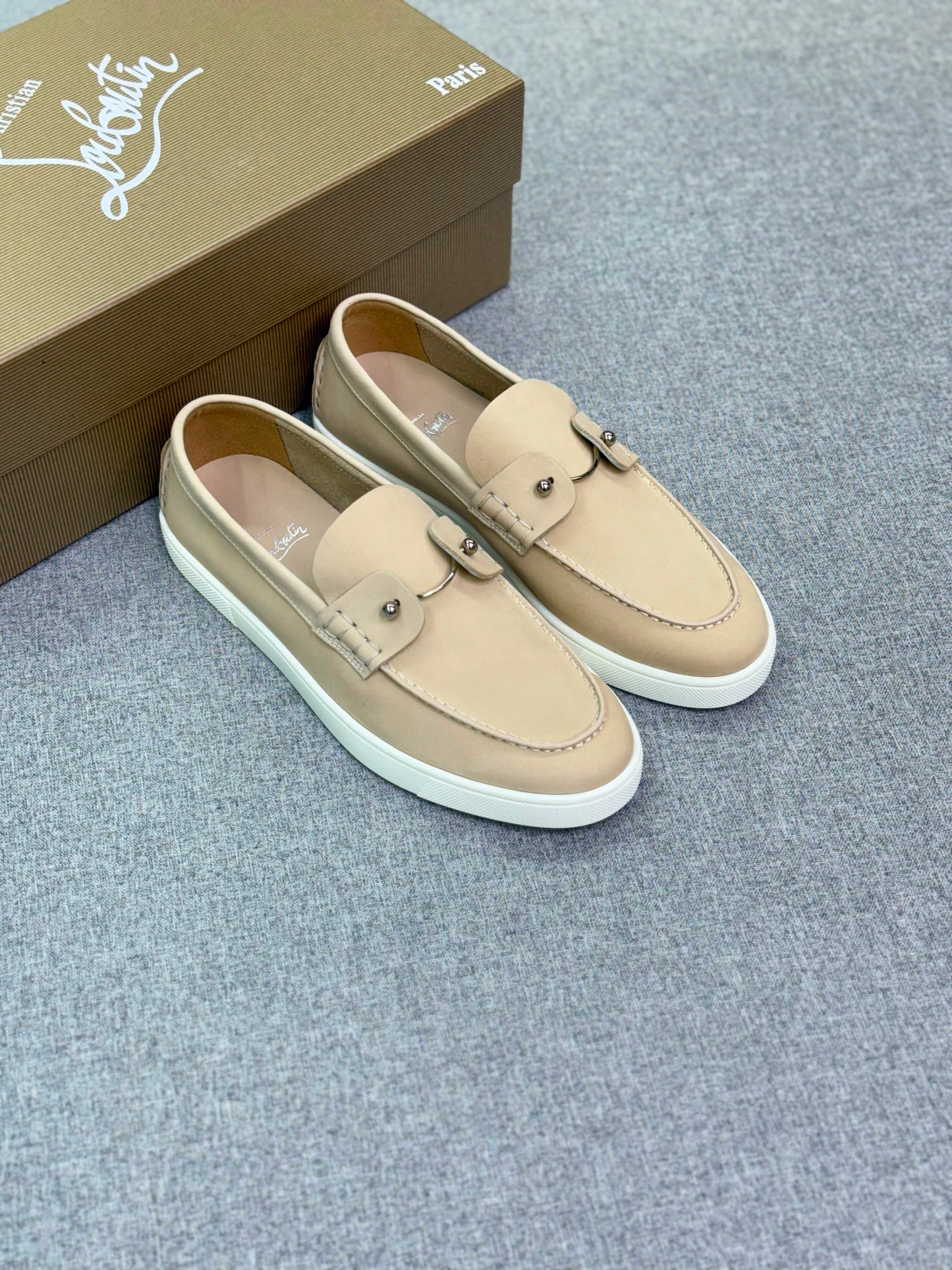 Christian Louboutin Beige Suede Studded Loafer Sneakers