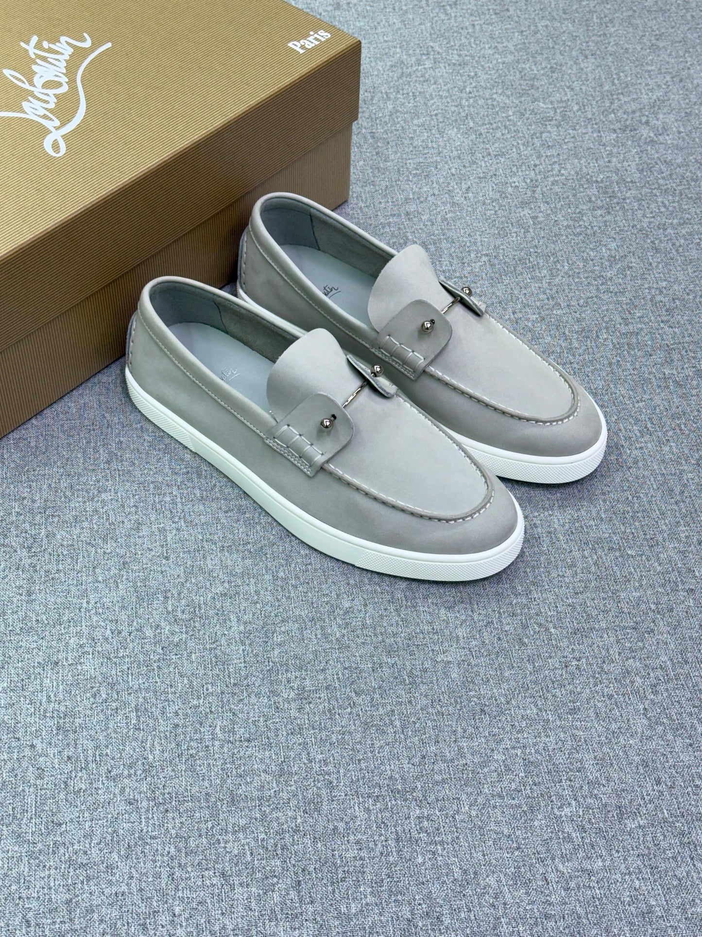 Christian Louboutin Light Grey Suede Studded Loafer Sneakers