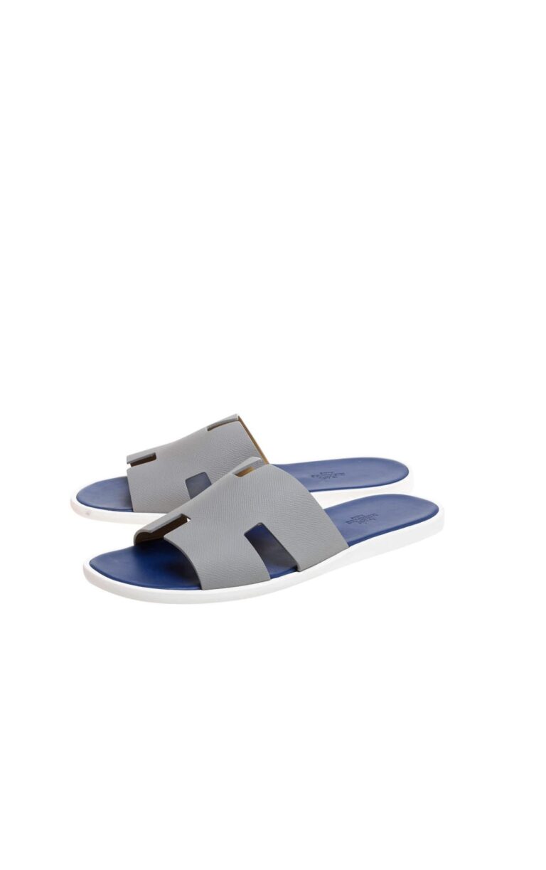 Hermès Izmir Sandal – Grey Calfskin & Blue Insoles