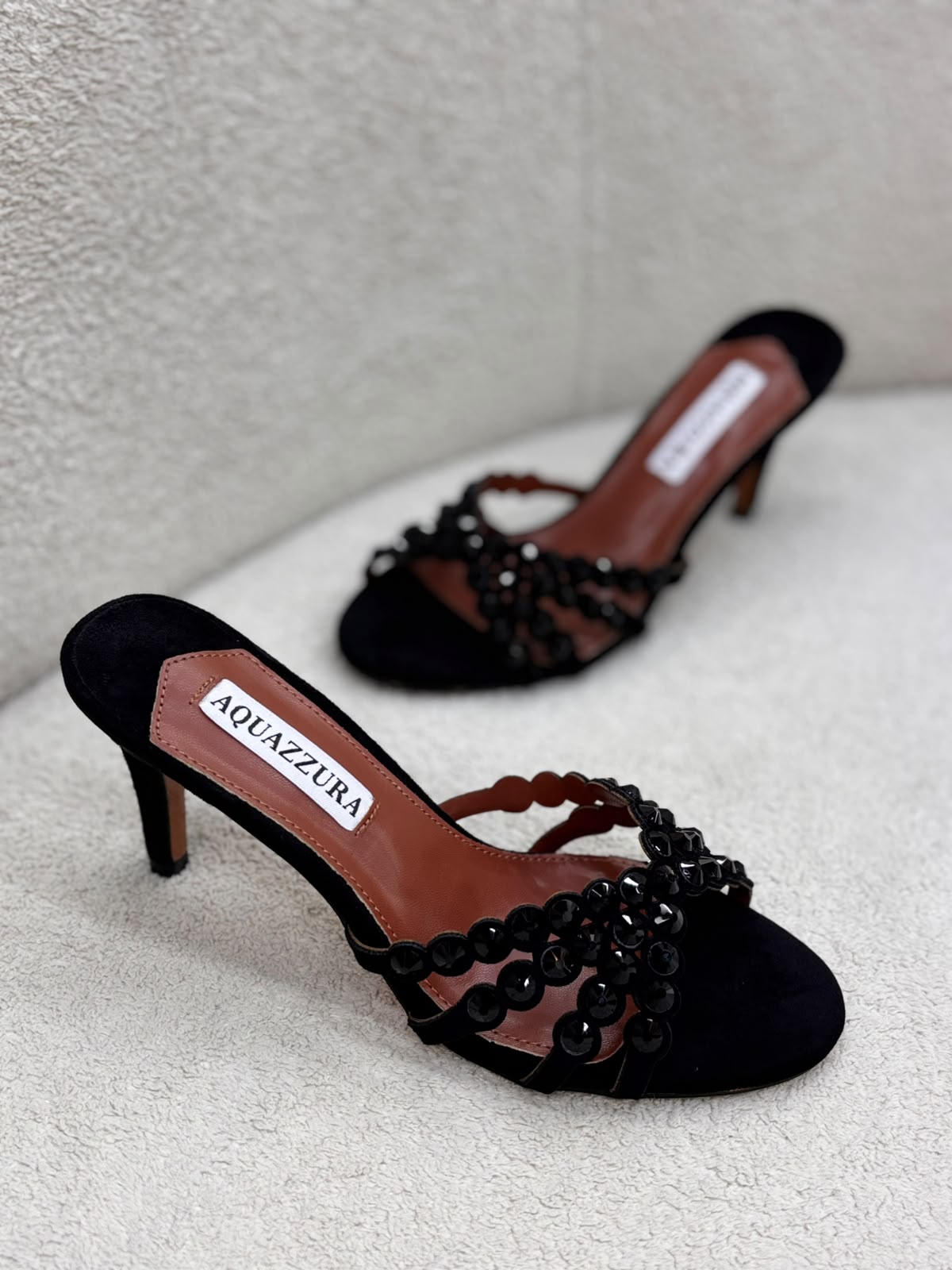 Black Crystal-Embellished Aquazzura-Heeled Sandals
