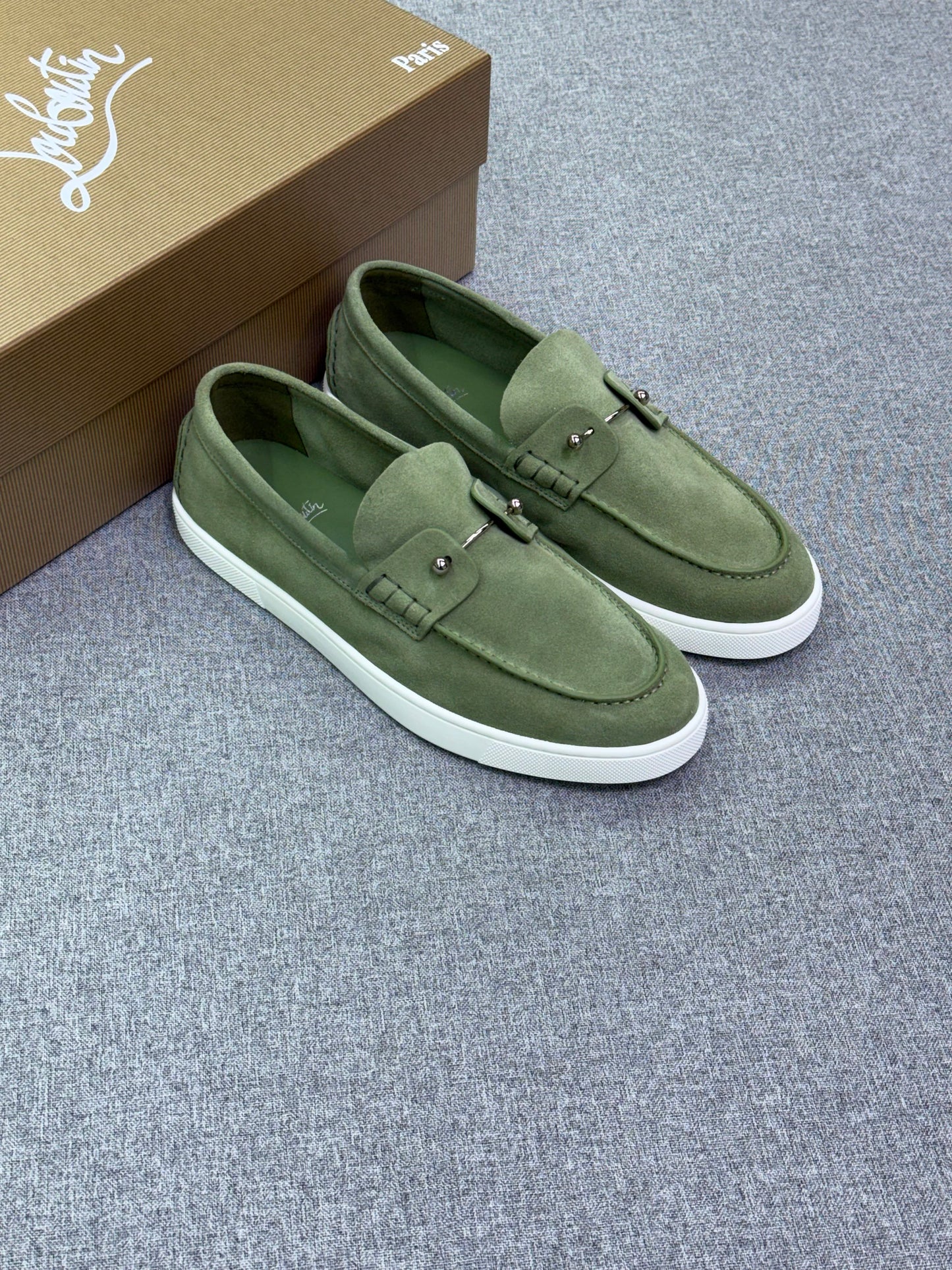 Christian Louboutin Olive Green Suede Studded Loafer Sneakers