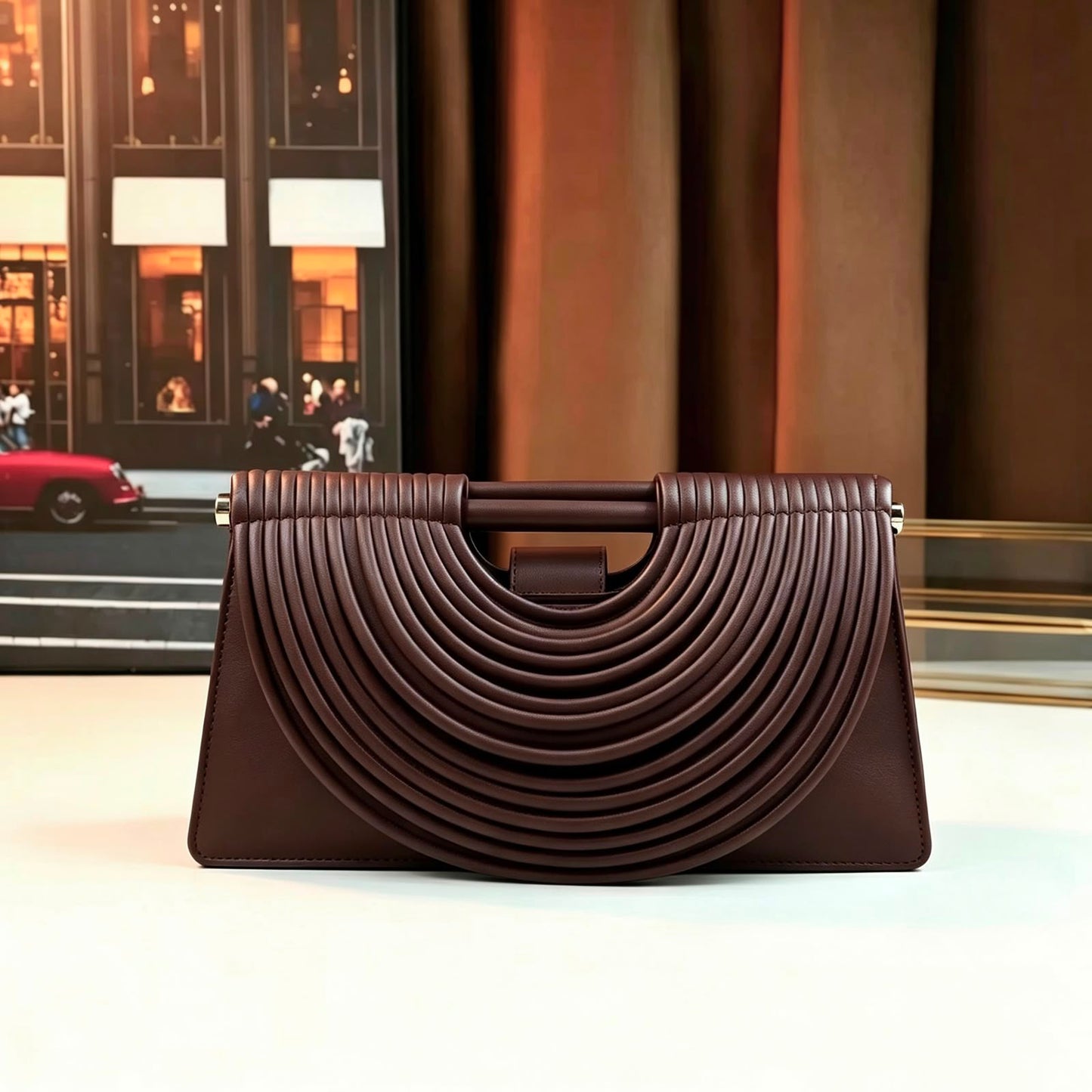 Bottega-Dark Chocolate Ribbed Arch Handle Clutch Bag