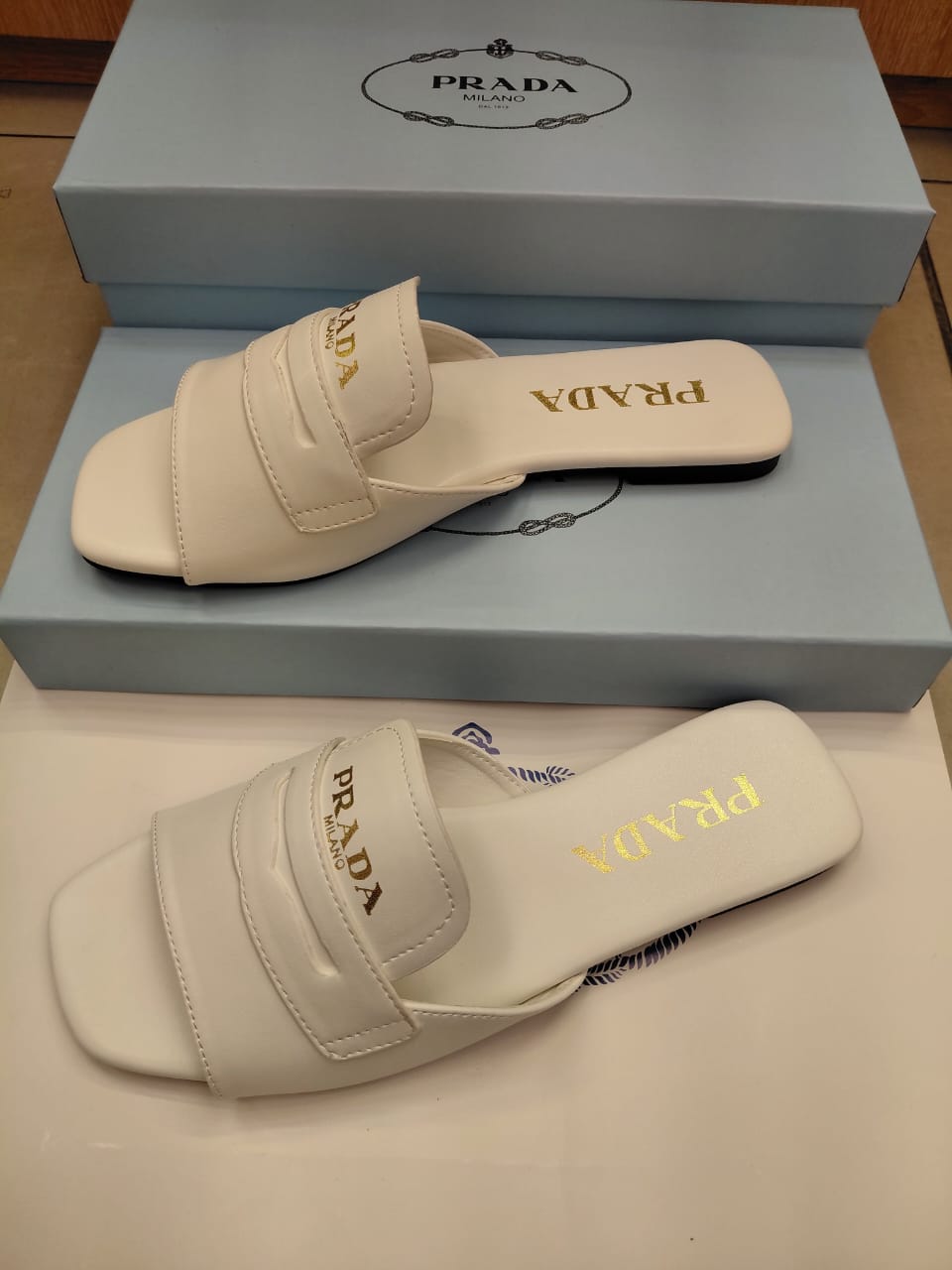 Prada Off-White Leather Penny Loafer Flat Slide Sandals