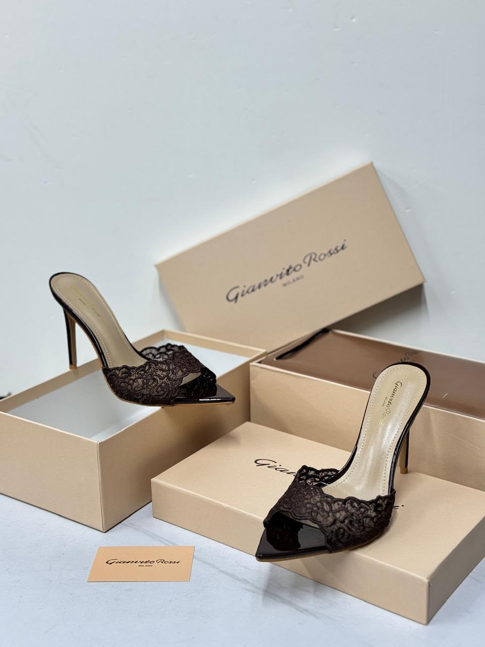 Gianvito Rossi Intricate Lace Stiletto Mules in Dark Espresso