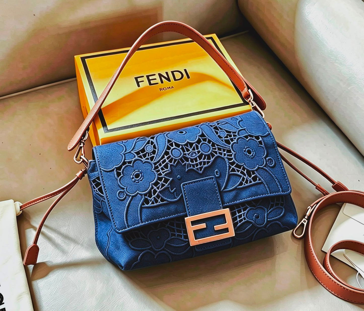 Fendi Navy Floral Lace Embroidered Baguette Bag