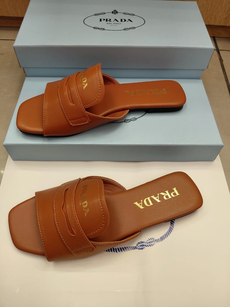 Prada Tan Brown Leather Penny Loafer Flat Slide Sandals