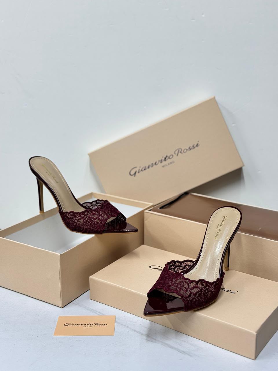 Gianvito Rossi Burgundy Lace Pointed-Toe Stiletto Mules