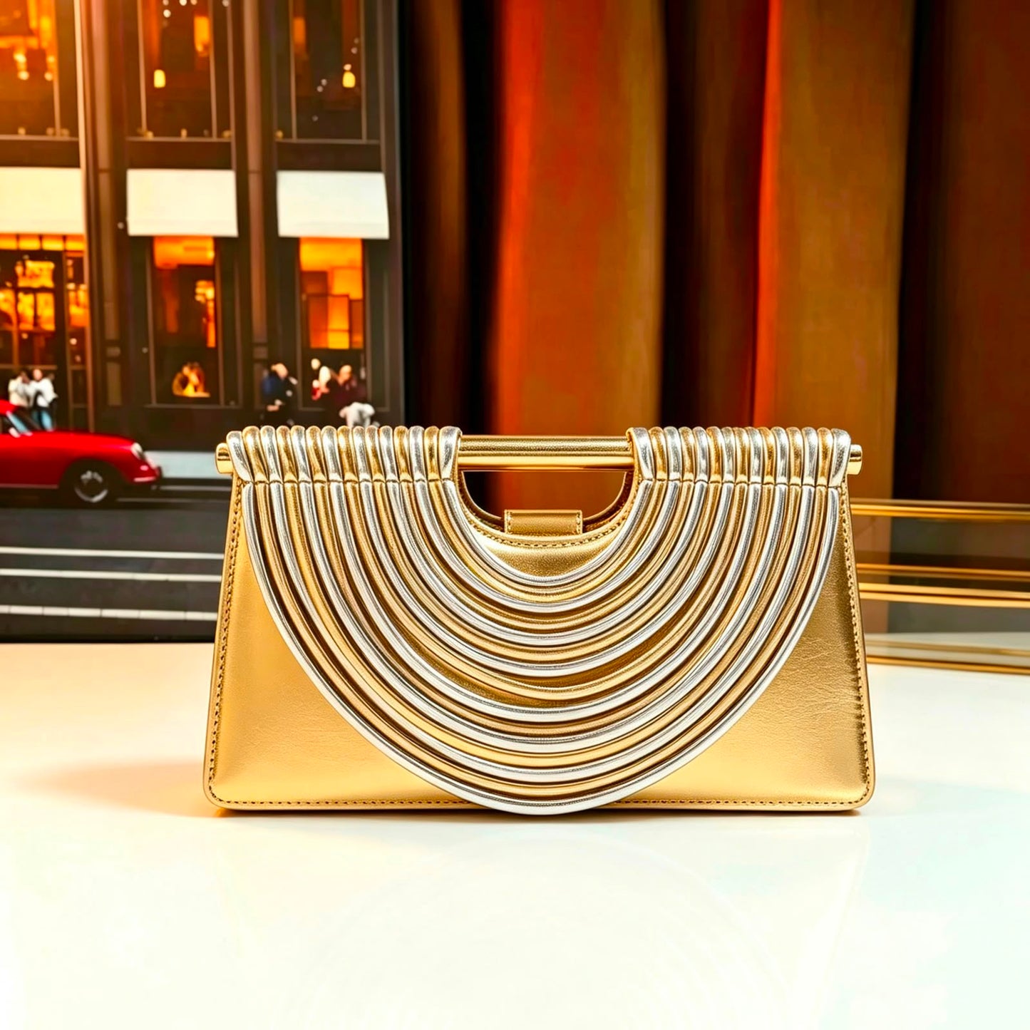 Bottega-Gold and Silver Two-Tone Ribbed Arch Handle Clutch Bag