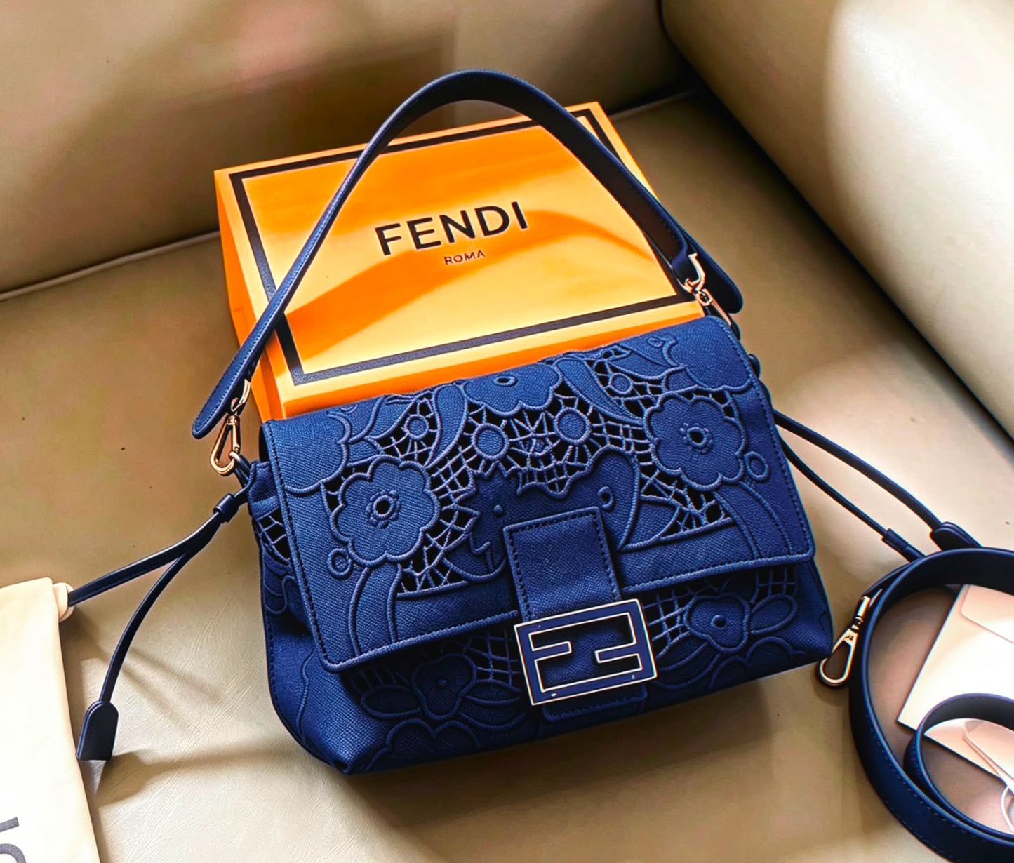Fendi Royal Blue Tonal Floral Lace Baguette Bag