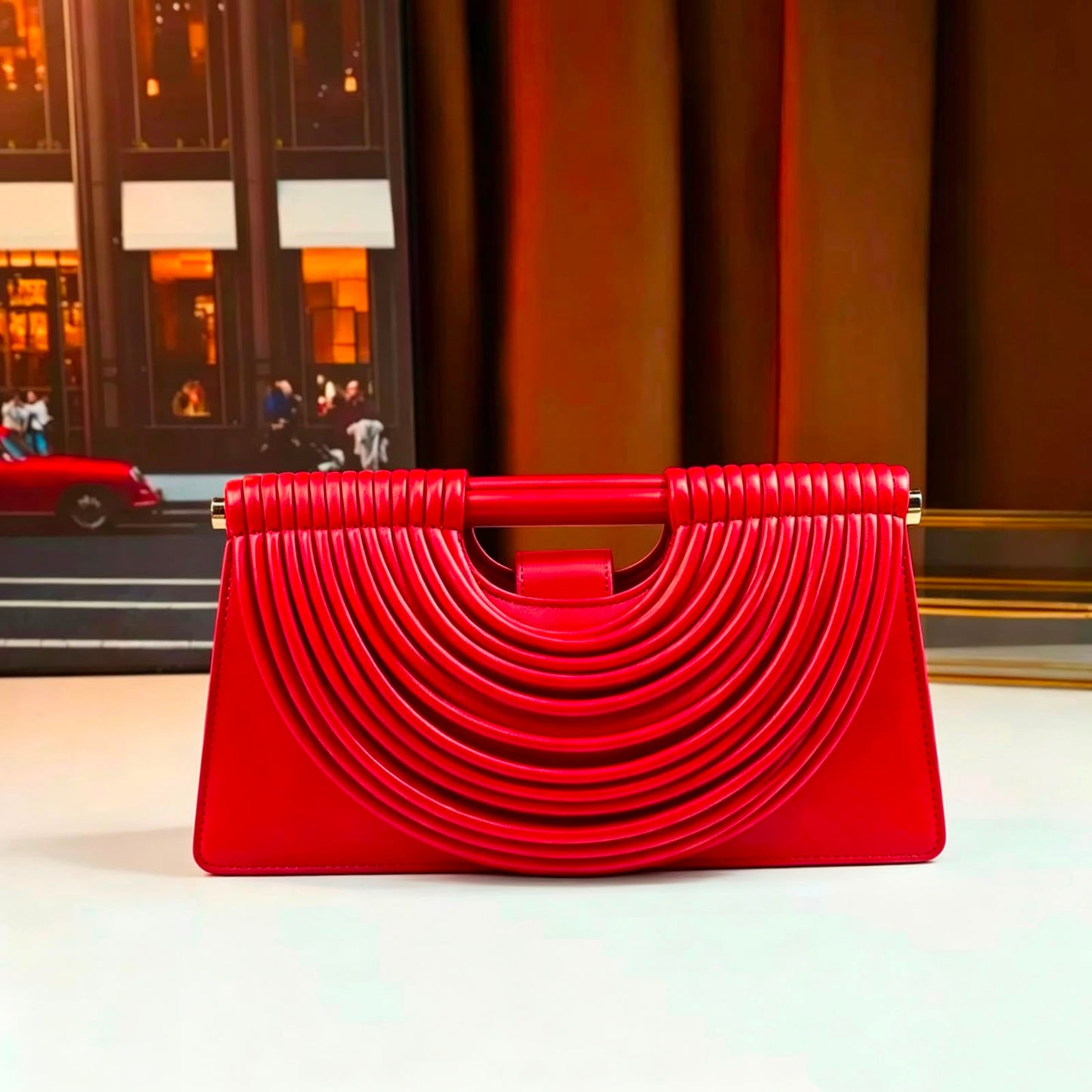 Bottega-Red Ribbed Arch Handle Clutch Bag for women's