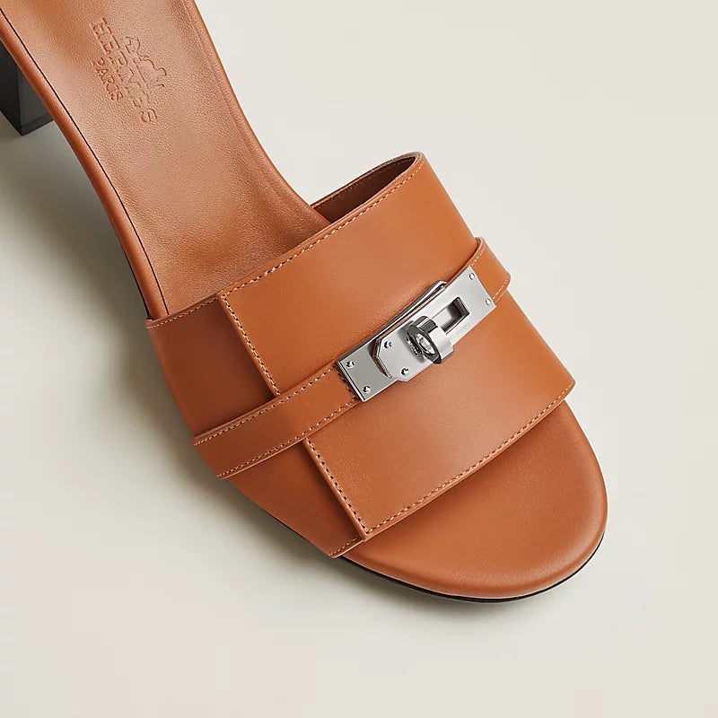 Cognac Leather Slide Sandals with Silver Buckle – Hermès
