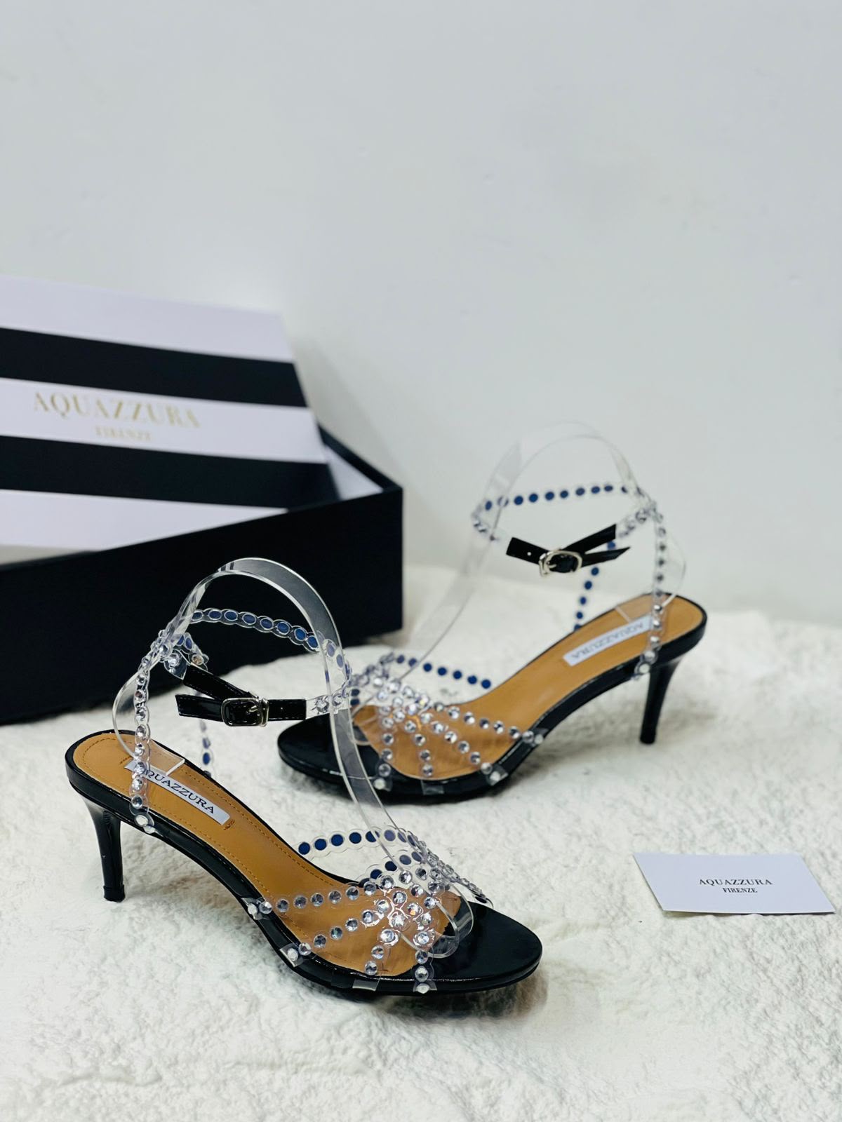 Aquazzura-Inspired Black Crystal Strap Sandals