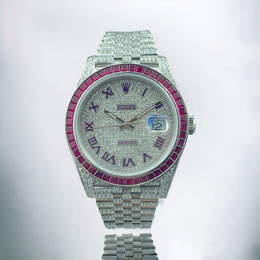 ROLEX DATEJUST 41 FULL ICED OUT – RUBY BEZEL - RED ROMAN DIAL