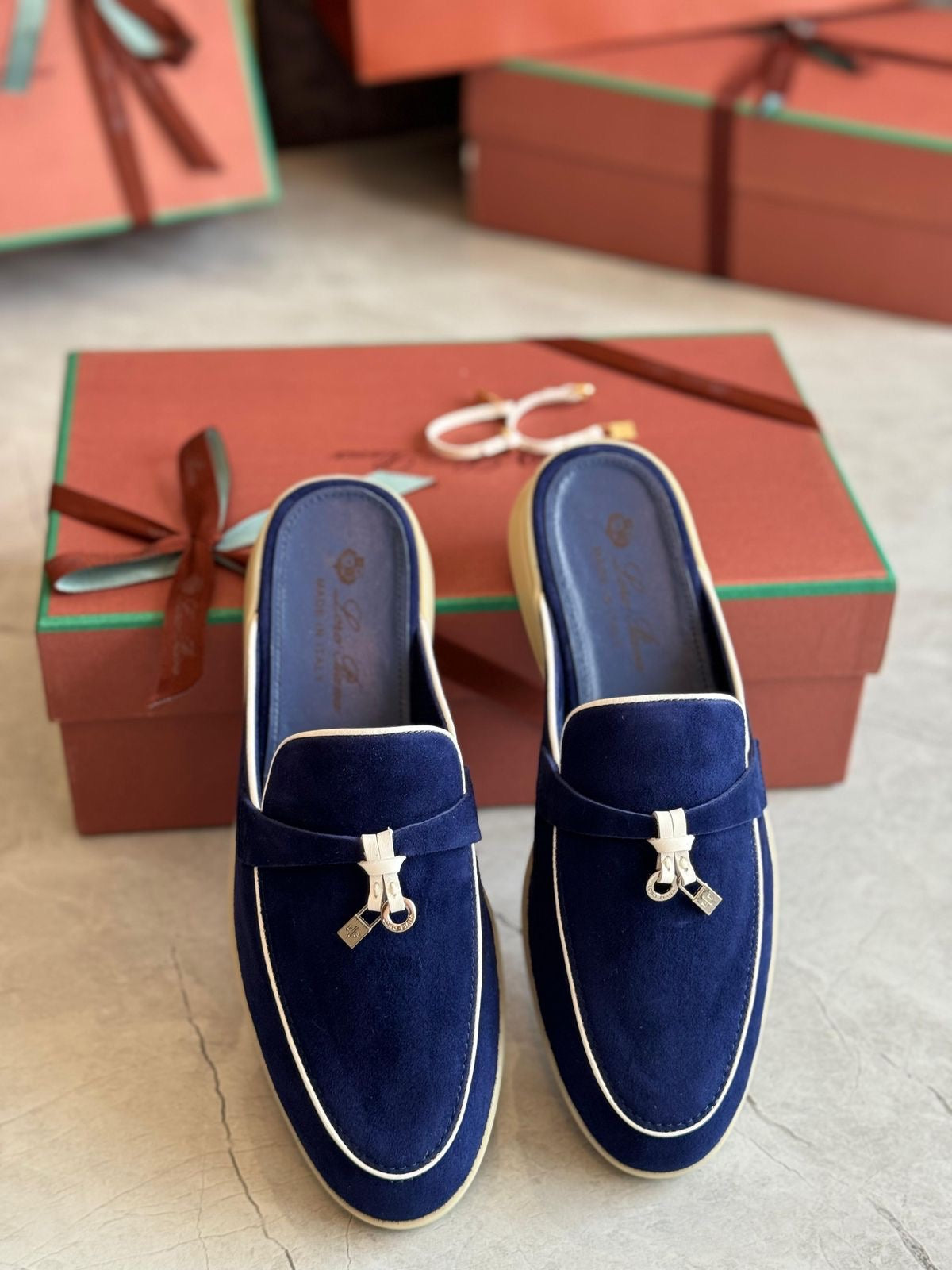 Loro Piana Women's Navy Blue Suede Mule Loafers