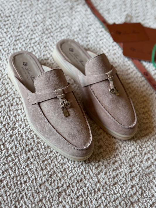 Loro Piana Women's Grey Suede Mule Loafers – Backless Slip-On Flats