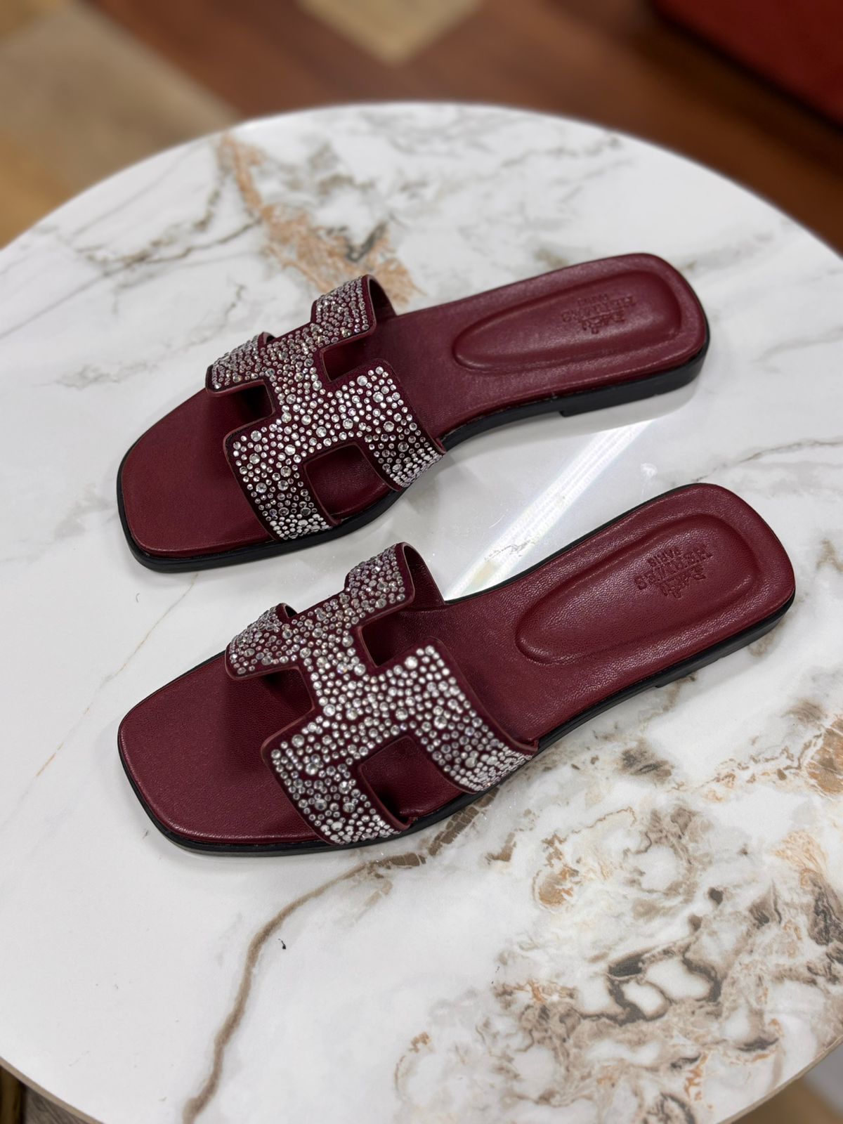 Hermès Calfskin Studded Oran Sandals "Burgundy"