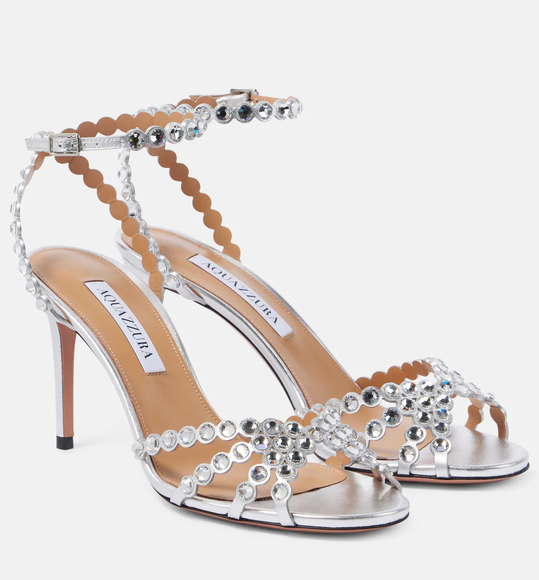 Aquazzura Tequila 85 crystal-embellished metallic leather Sandal "Silver"