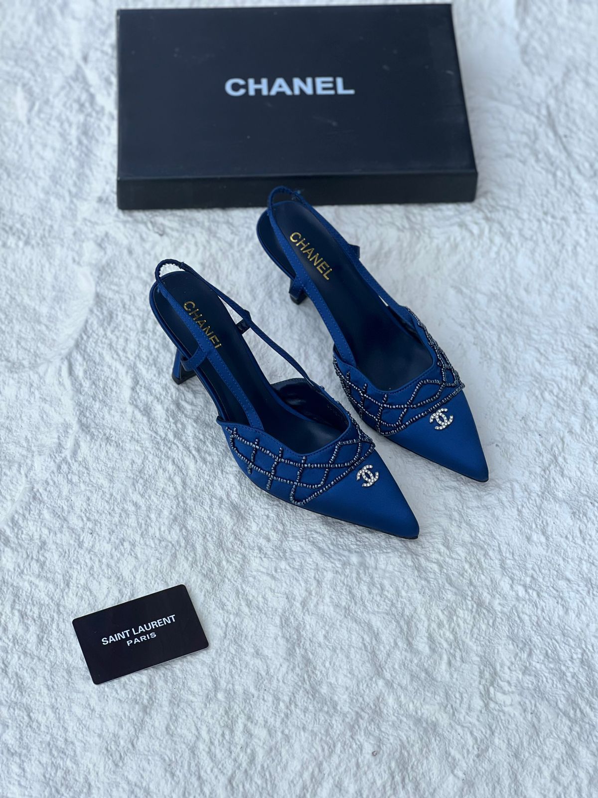 Chanel satin quilted slingback heels "Blue"