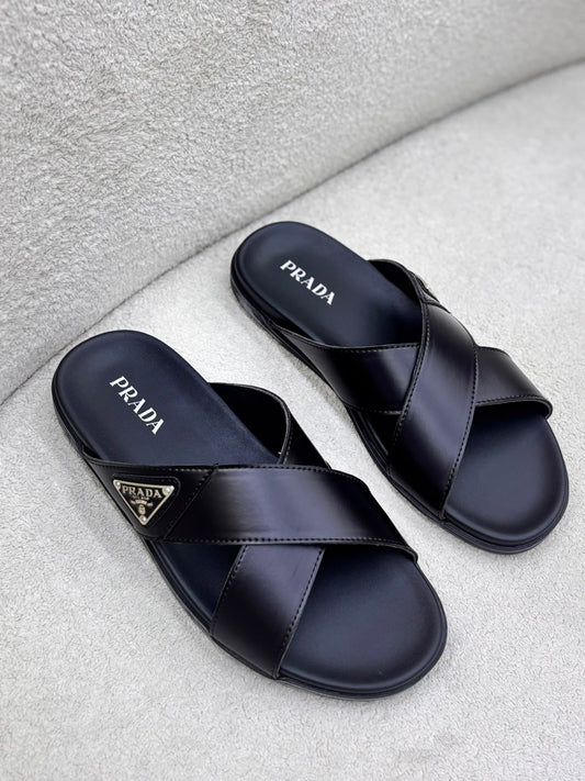 Prada Leather Crisscross Slides "Black"