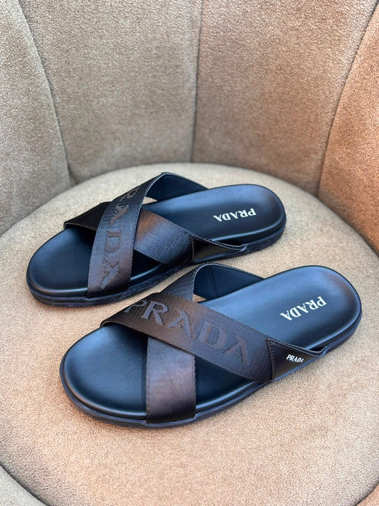 Prada Nylon Tape Crisscross Slides Leather "Black"