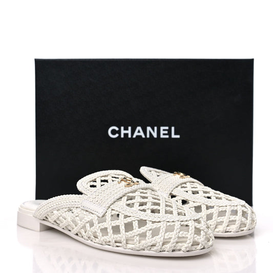 Chanel Braided Lambskin Mule Sandals "White"