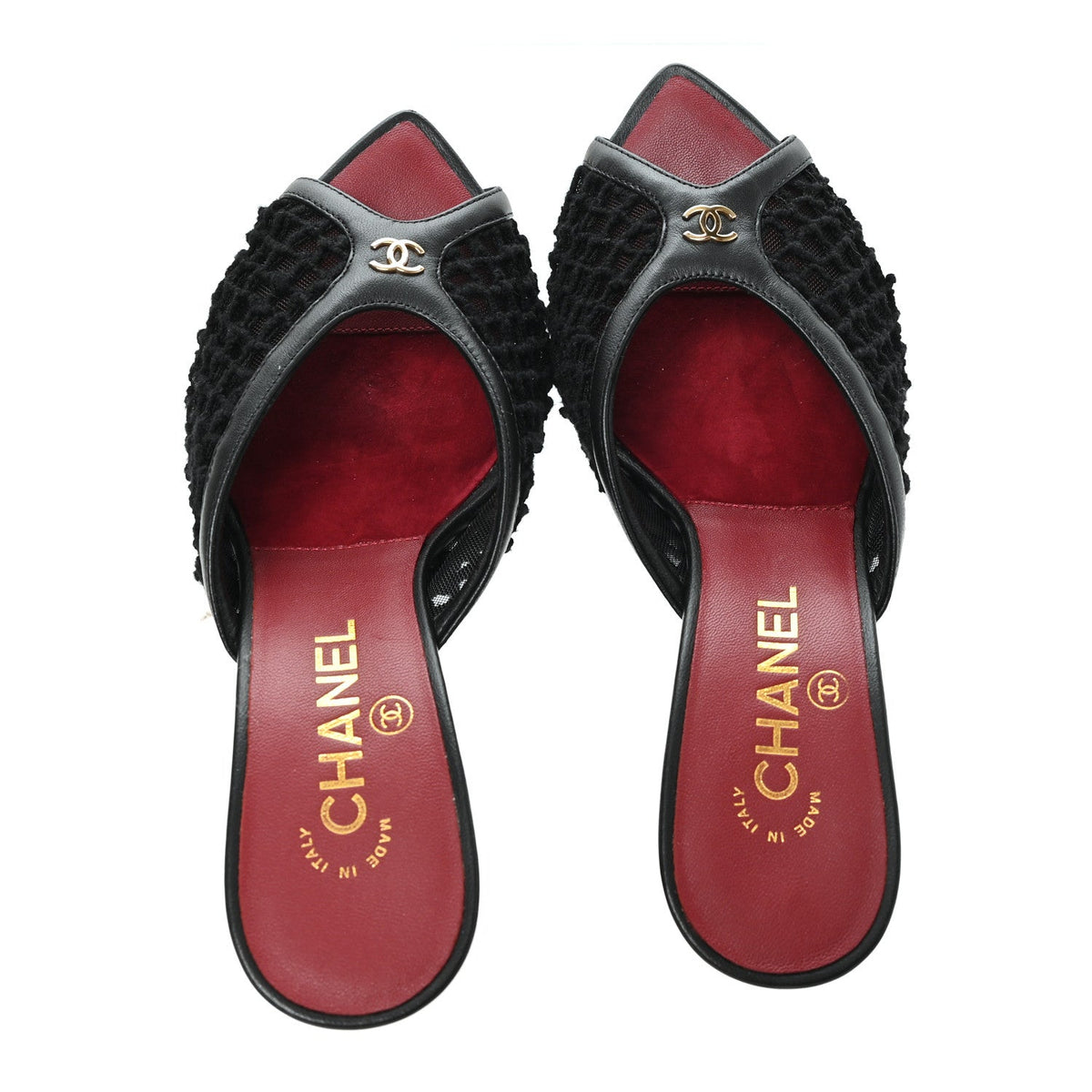 Chanel Mesh Lambskin CC Mules 37 "Black"