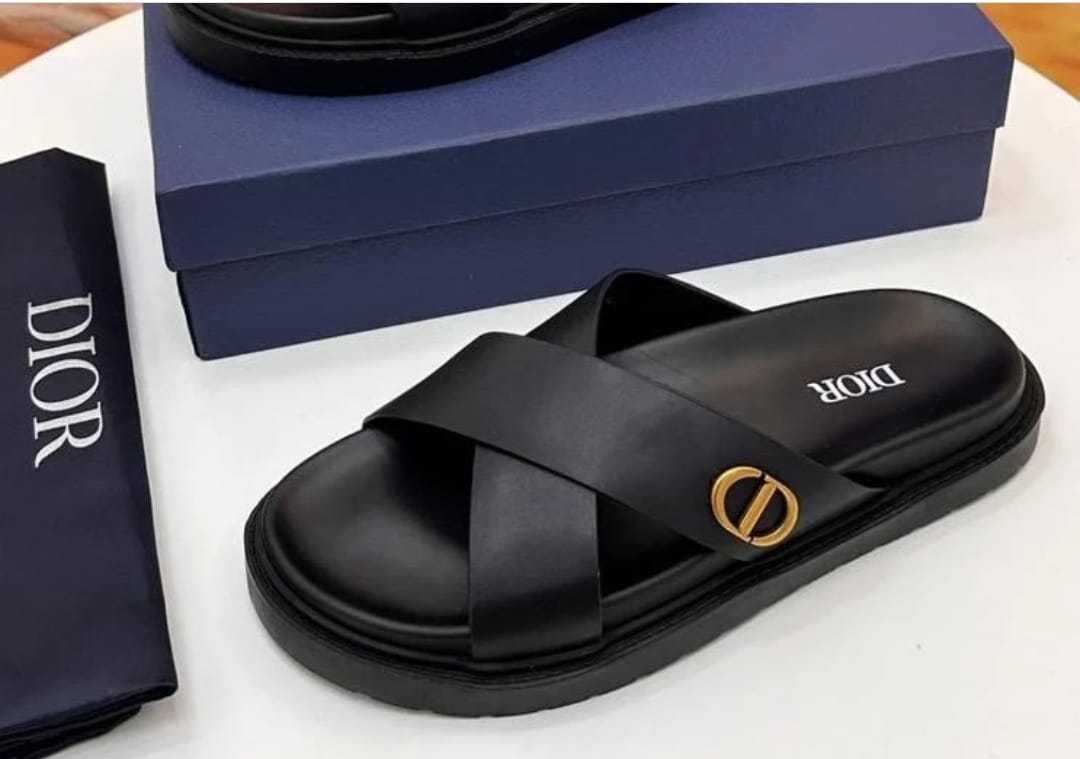 "Dior Crossed-Strap Slide Sandals with CD Icon Buckle — Black Leather"