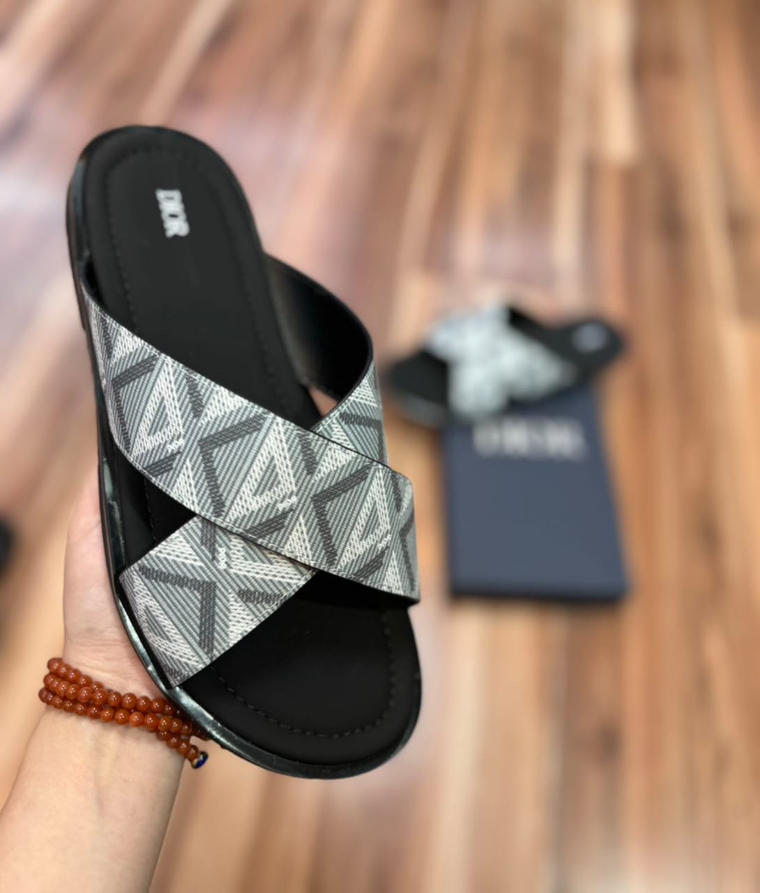 Dior Crossed-Strap Slide Sandals — CD Diamond Motif "Black/Grey"