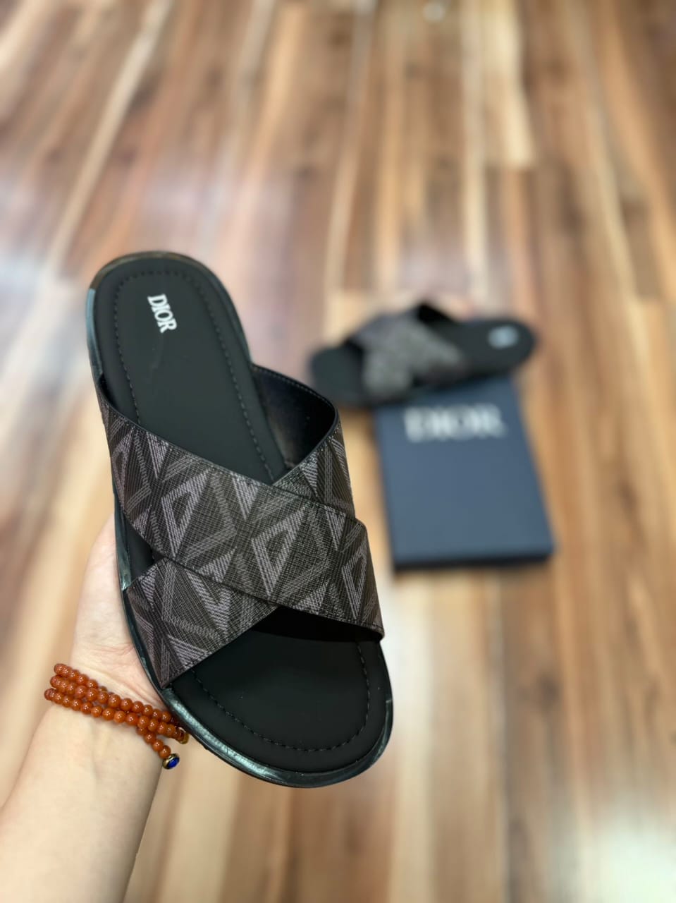 "Dior Crossed-Strap Slide Sandals — Brown CD Diamond Motif"