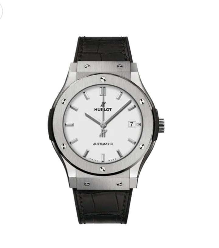 "Hublot Classic Fusion — White Dial                           (steel, black leather strap)"