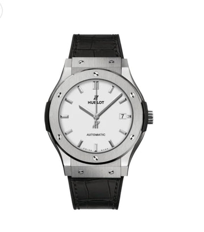 "Hublot Classic Fusion — White Dial                           (steel, black leather strap)"