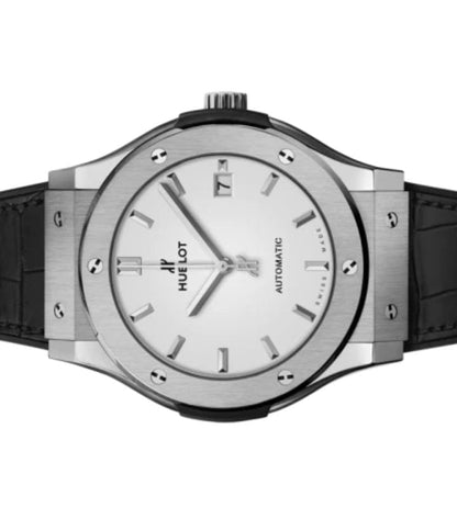 "Hublot Classic Fusion — White Dial                           (steel, black leather strap)"